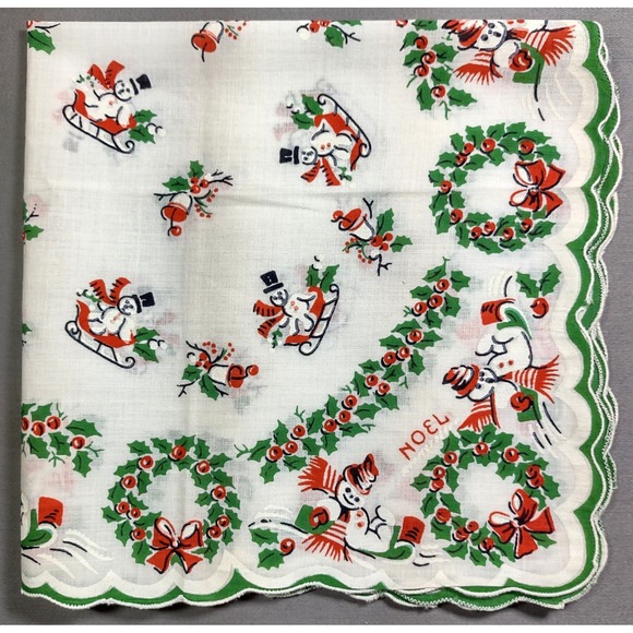 Accessories - Vintage 13.25 x 13.5 Christmas Handkerchief Noel Snowmen Wreath Sled Hankie
